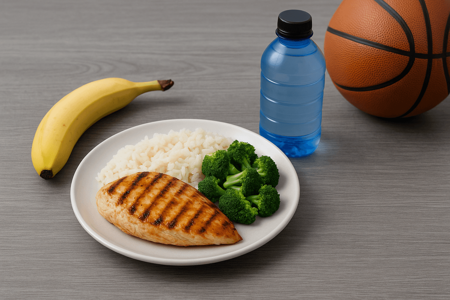 Balanced pre-game meal with grilled chicken, rice, vegetables, banana, and water bottle for basketball players
