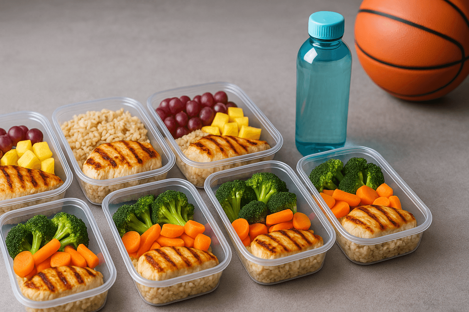 Professional meal prep containers with chicken, rice, vegetables, fruit, and water bottle for basketball players