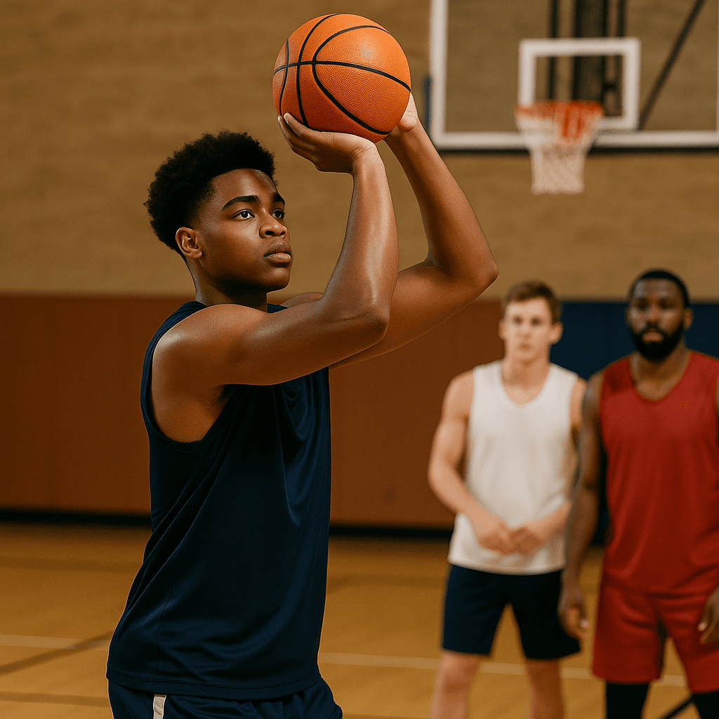 Teenage basketball player in a gym mid-jump shot with proper shooting form and follow-through