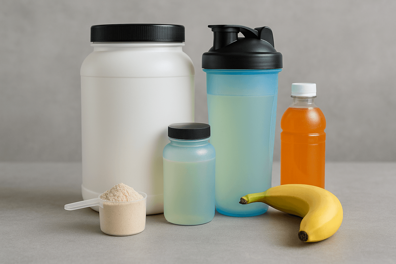 Protein powder, shaker bottle, electrolyte drink, and fruit on a table with a basketball blurred in the background